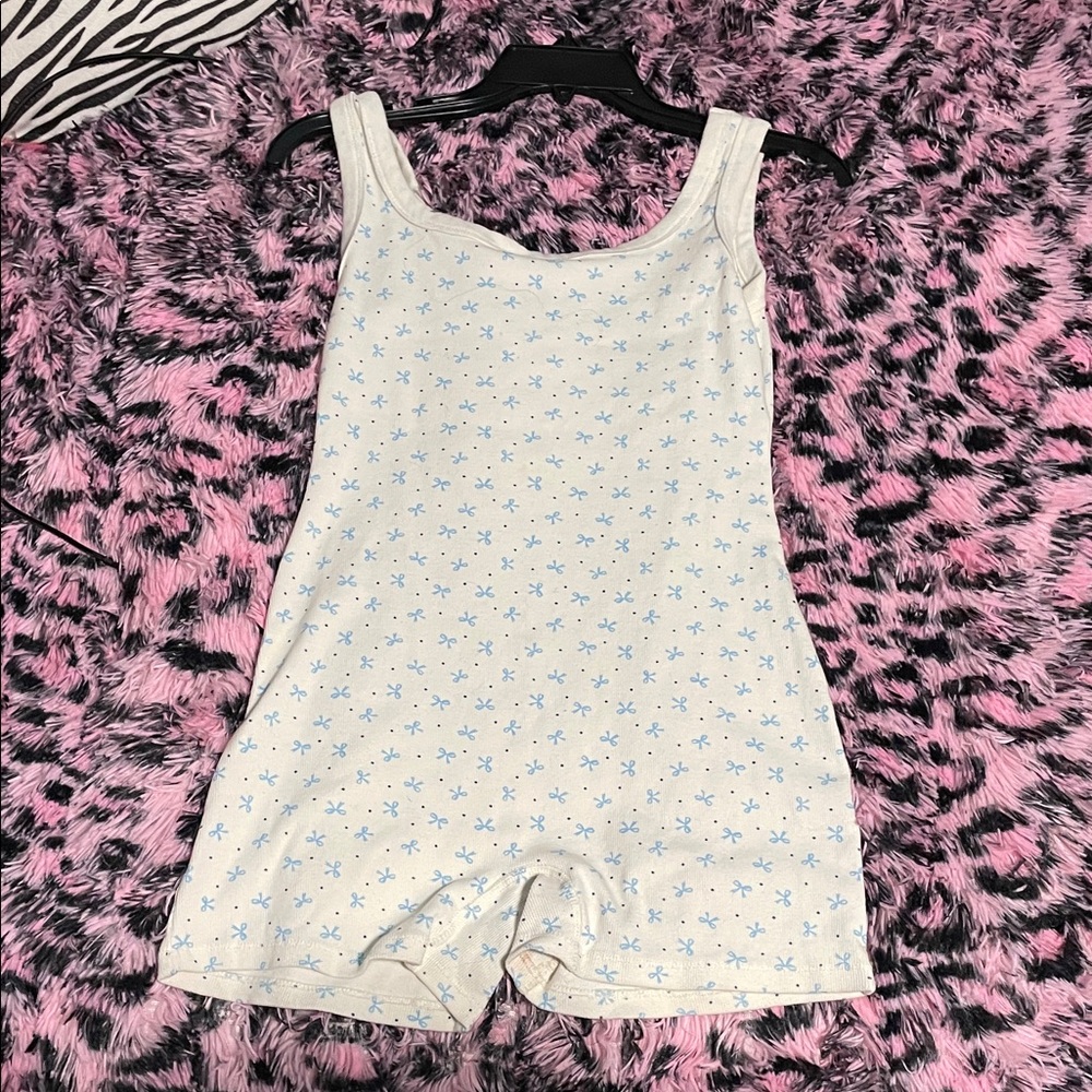White Tank Romper with Light Blue Micro Bow Print
